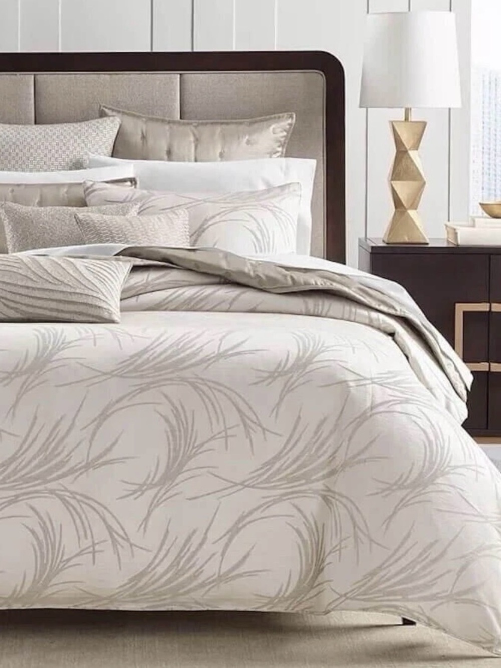 Feather-Print Cream Comforter Set with Subtle Taupe Accents. King comforter.